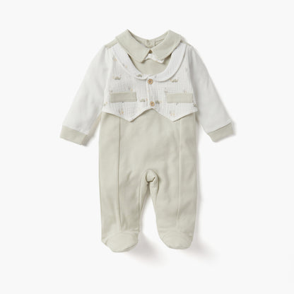 Giggles Solid Closed Feet Sleepsuit with Collar and Waistcoat - Green / 9-12 mths