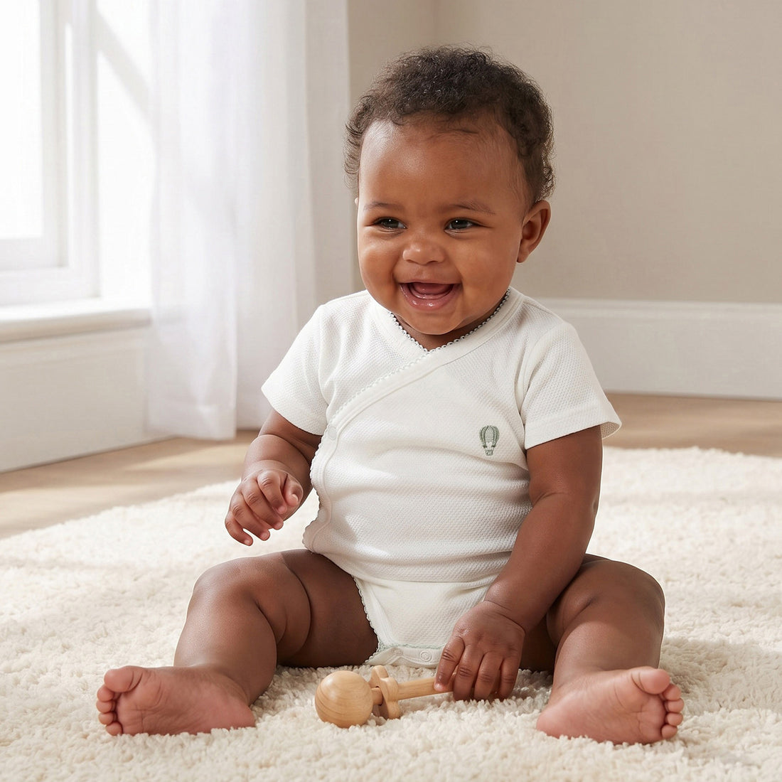 Giggles V- Neck Short Sleeves Bodysuit with Textured Pattern - White / 12-18 mths