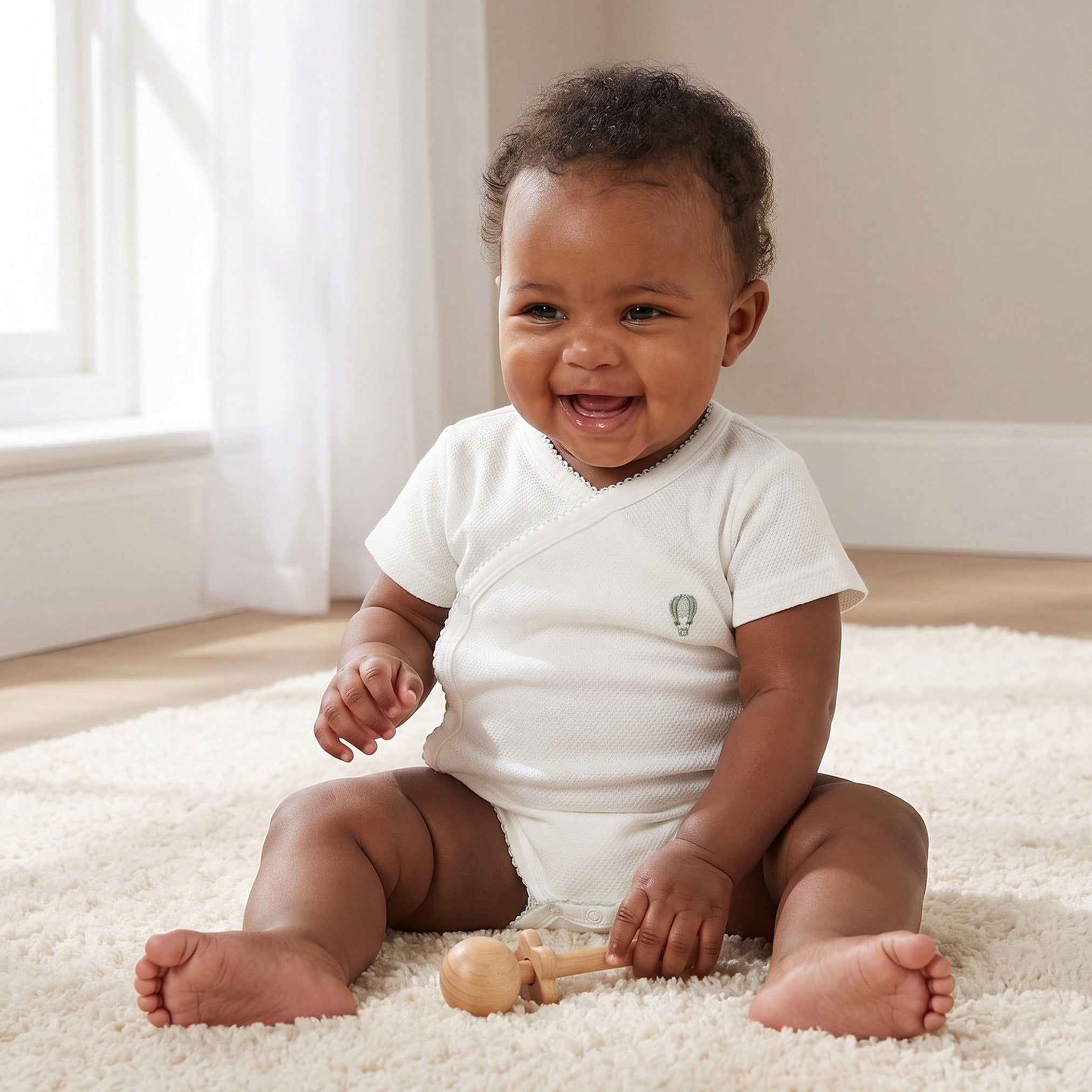 Giggles V- Neck Short Sleeves Bodysuit with Textured Pattern - White / 12-18 mths