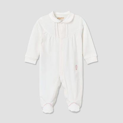 Giggles Cotton Collared Long Sleeves Sleepsuit with Snap Button Closure - White / 9-12 mths