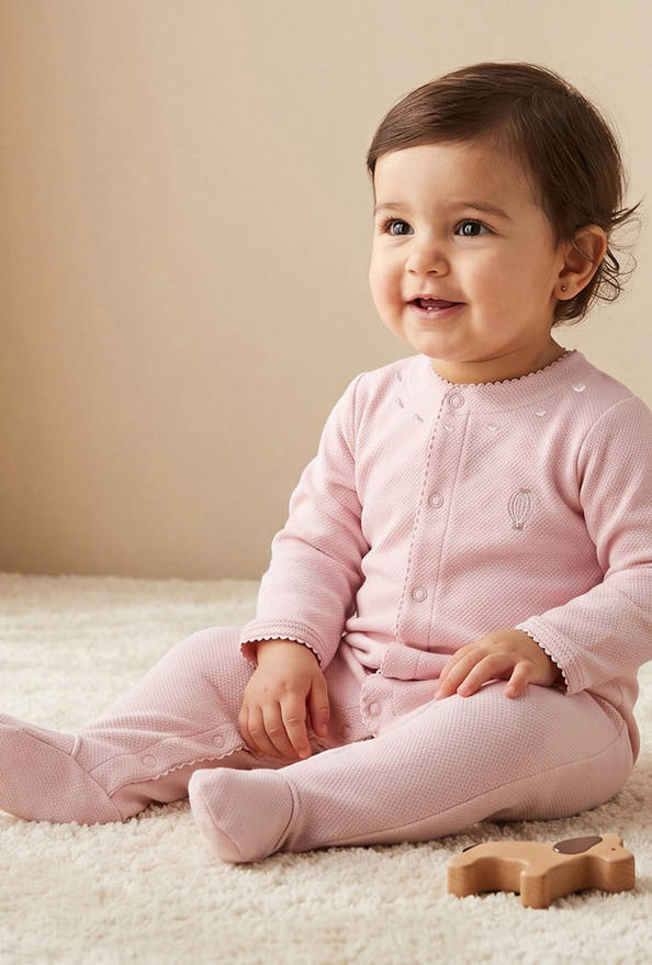 Giggles Cotton Round Neck Long Sleeves Sleepsuit with Snap Button Closure