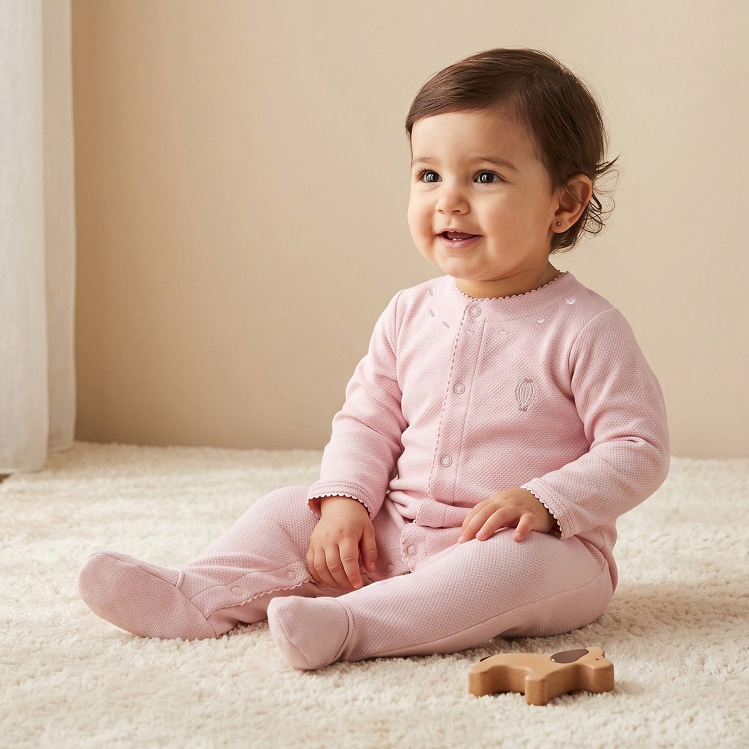 Giggles Cotton Round Neck Long Sleeves Sleepsuit with Snap Button Closure - Pink / 9-12 mths