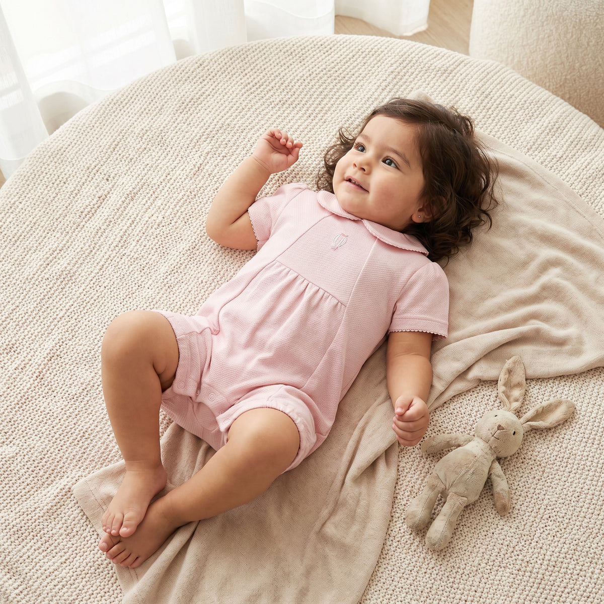 Giggles Peter Pan Collar Short Sleeves Romper with Snap Button Closure