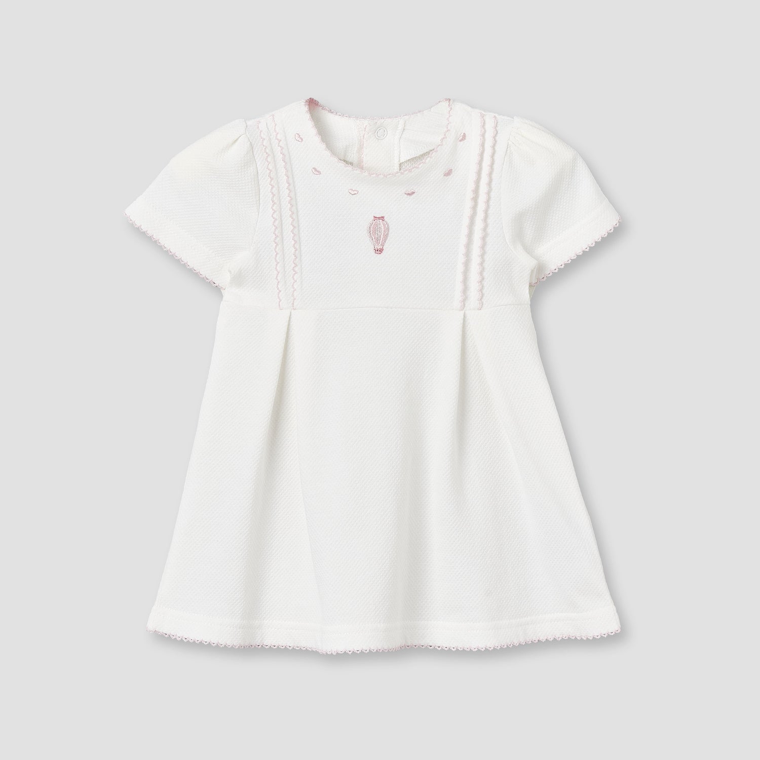 Giggles Round Neck Short Sleeves Knee-Length Dress with Hot Air Balloon Embroidery - White / 12-18 mths