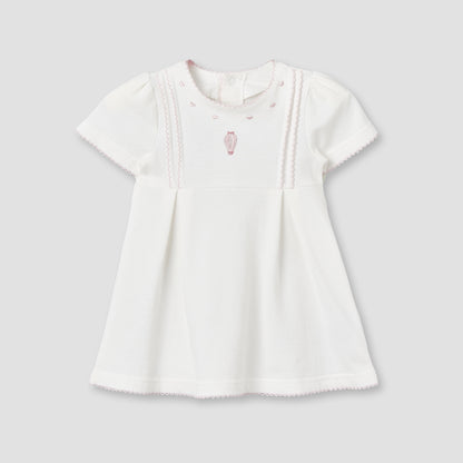 Giggles Round Neck Short Sleeves Knee-Length Dress with Hot Air Balloon Embroidery - White / 12-18 mths