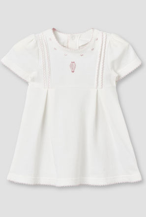 Giggles Round Neck Short Sleeves Knee-Length Dress with Hot Air Balloon Embroidery