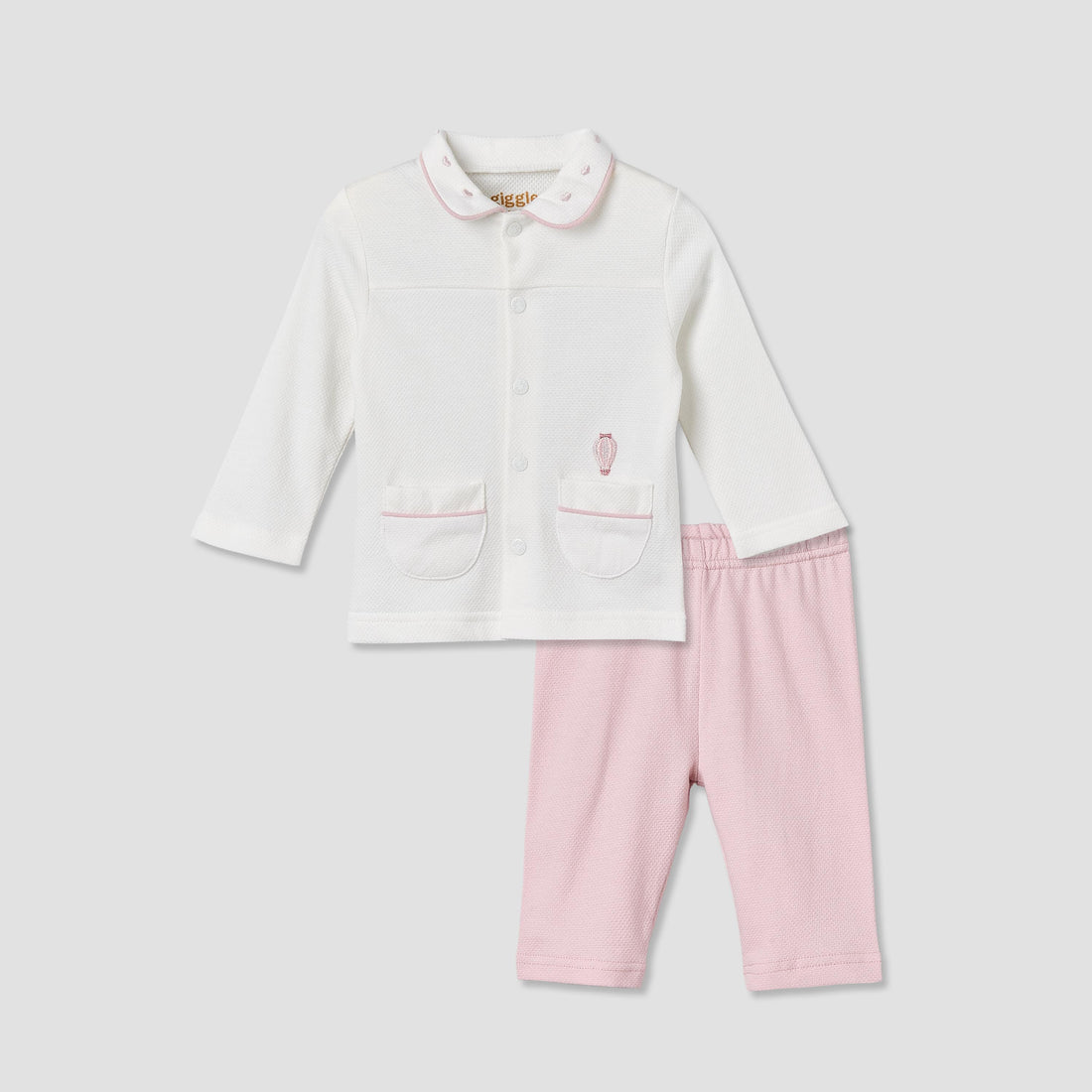 Giggles Cotton Collared Long Sleeves Pyjama Set with Textured Pattern