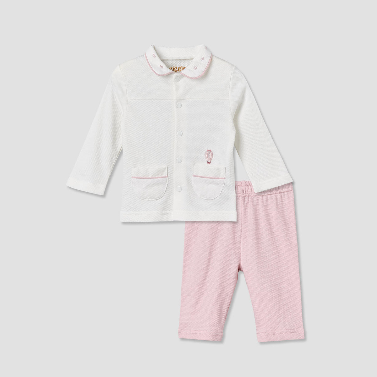 Giggles Cotton Collared Long Sleeves Pyjama Set with Textured Pattern