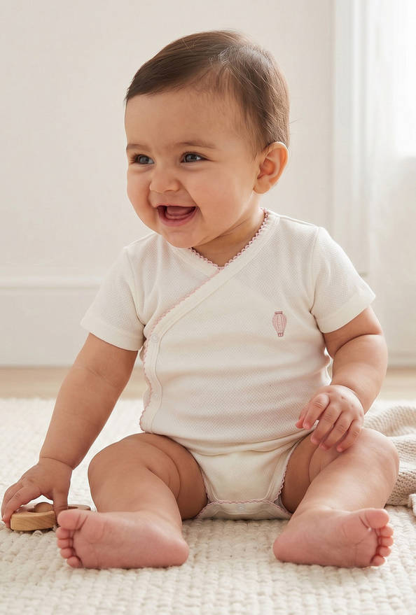 Giggles Cotton V-neck Short Sleeves Bodysuit with Textured Pattern