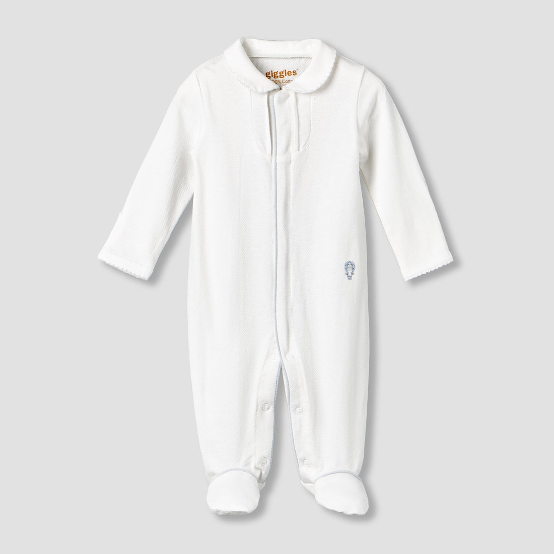 Giggles Cotton Collared Long Sleeves Sleepsuit with Snap Button Closure - White / 9-12 mths