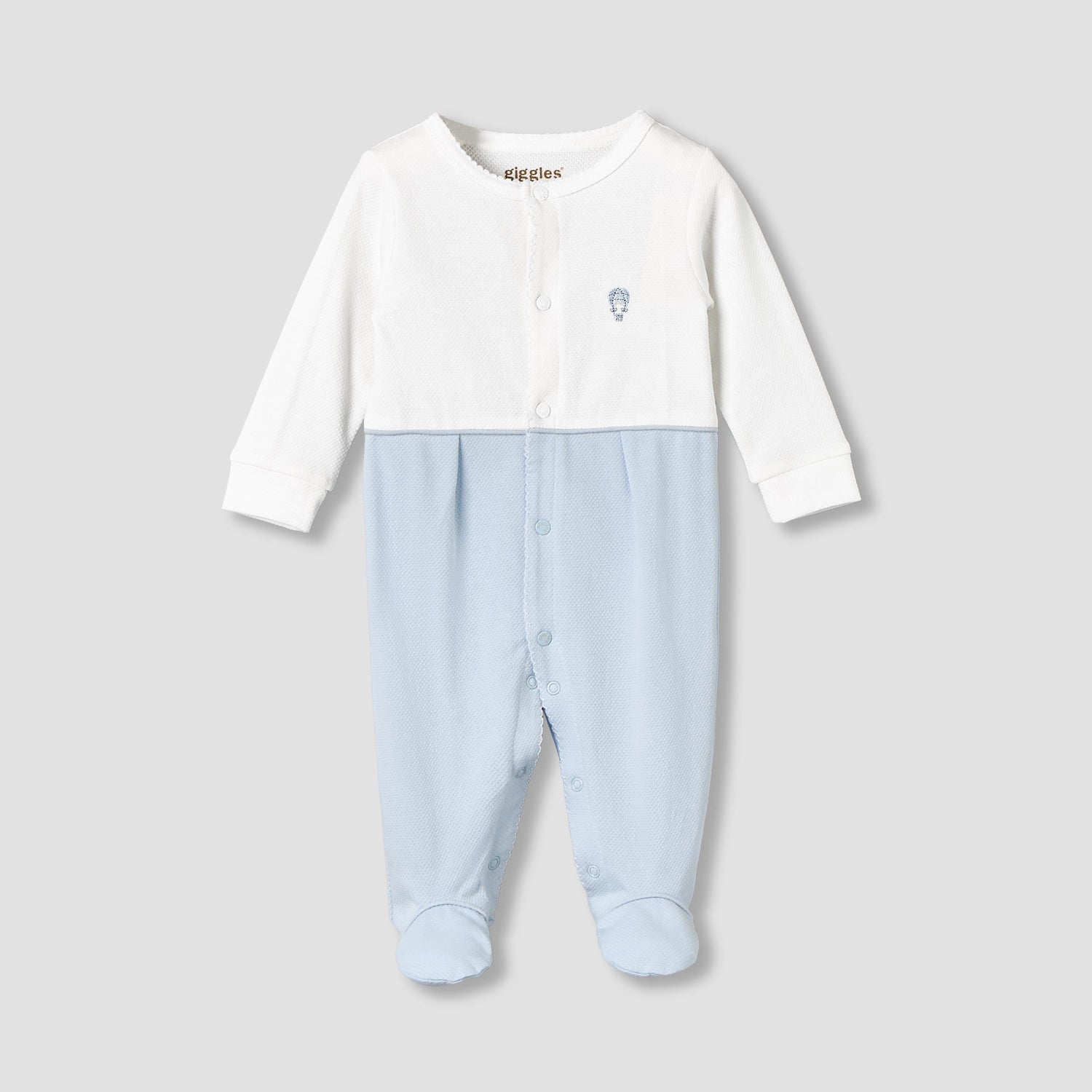 Giggles Cotton Round Neck Long Sleeves Sleepsuit with Hot Air Balloon Embroidery - Blue / 9-12 mths