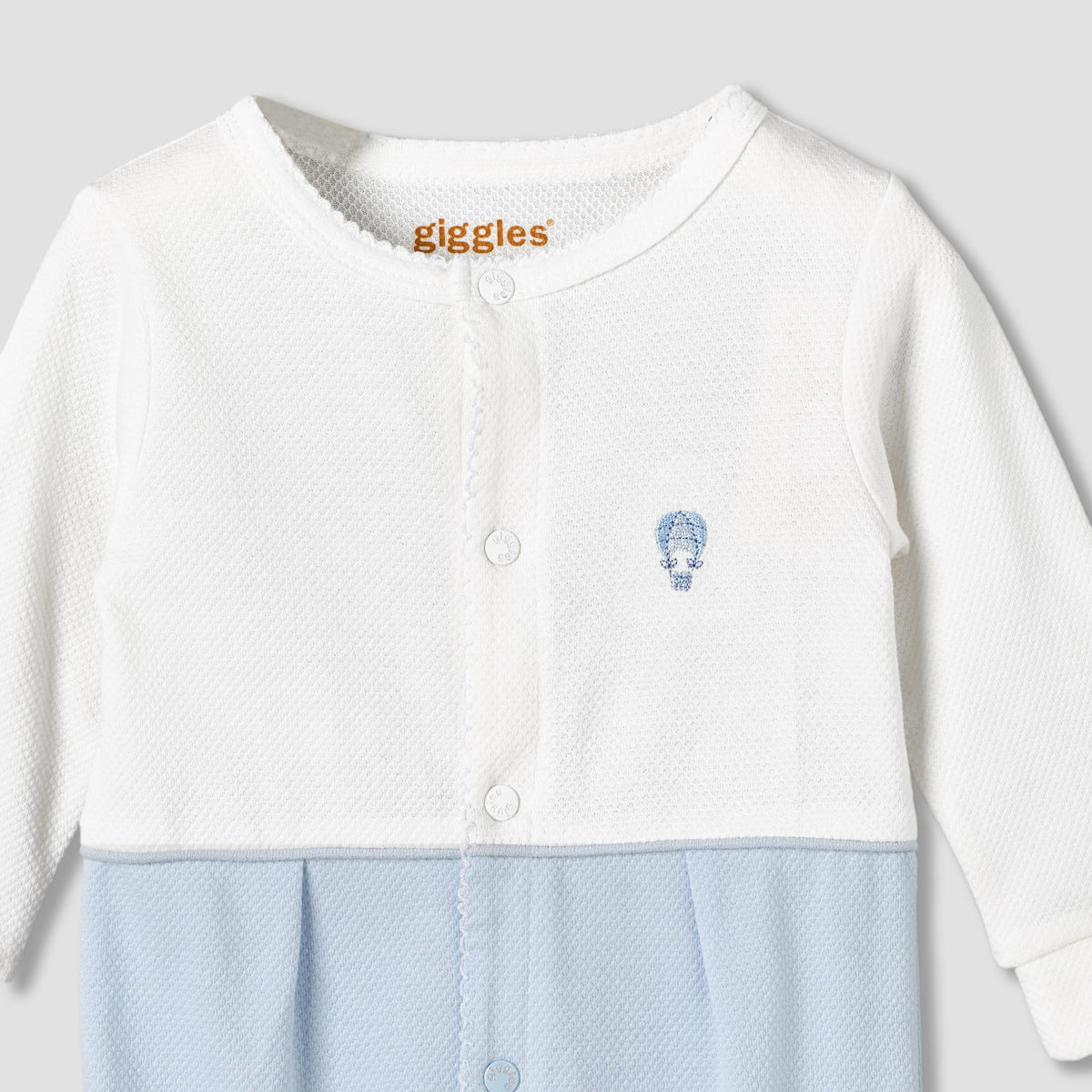 Giggles Cotton Round Neck Long Sleeves Sleepsuit with Hot Air Balloon Embroidery