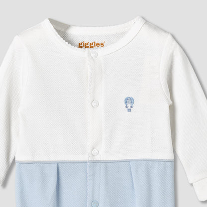 Giggles Cotton Round Neck Long Sleeves Sleepsuit with Hot Air Balloon Embroidery