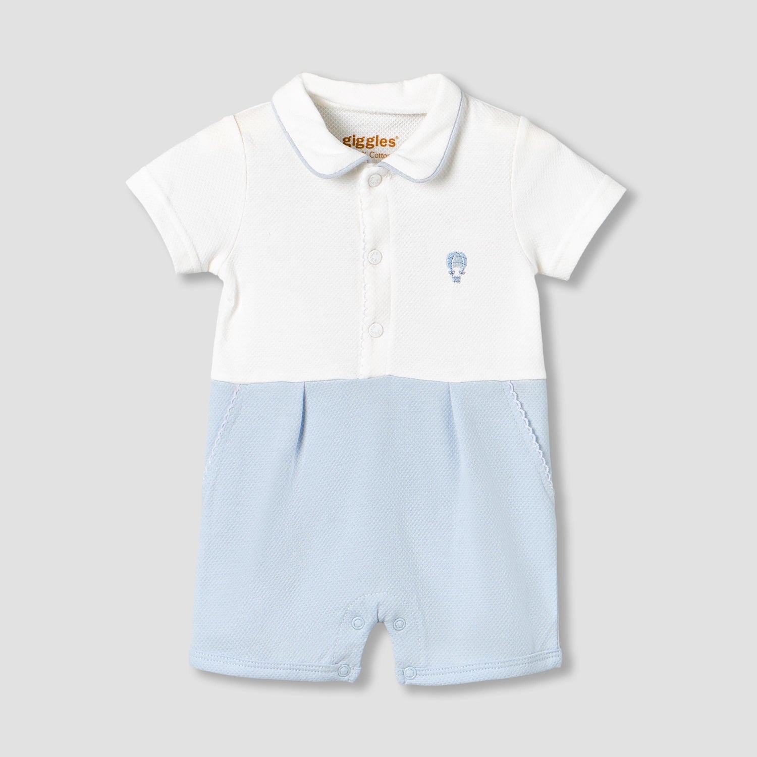 Giggles Collared Short Sleeves Romper with Embroidery - Blue / 12-18 mths