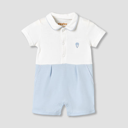 Giggles Collared Short Sleeves Romper with Embroidery - Blue / 12-18 mths