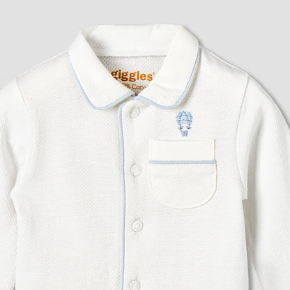 Giggles Cotton Collared Long Sleeves Pyjama Set with Hot Air Balloon Embroidery