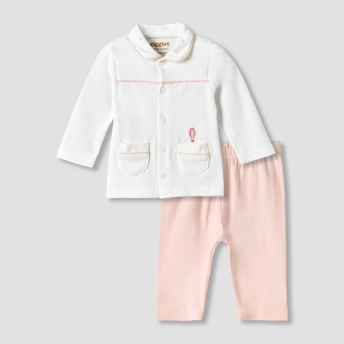 Giggles Cotton Peter Pan Collar Long Sleeves Pyjama Set with Hot Air Balloon Embroidery
