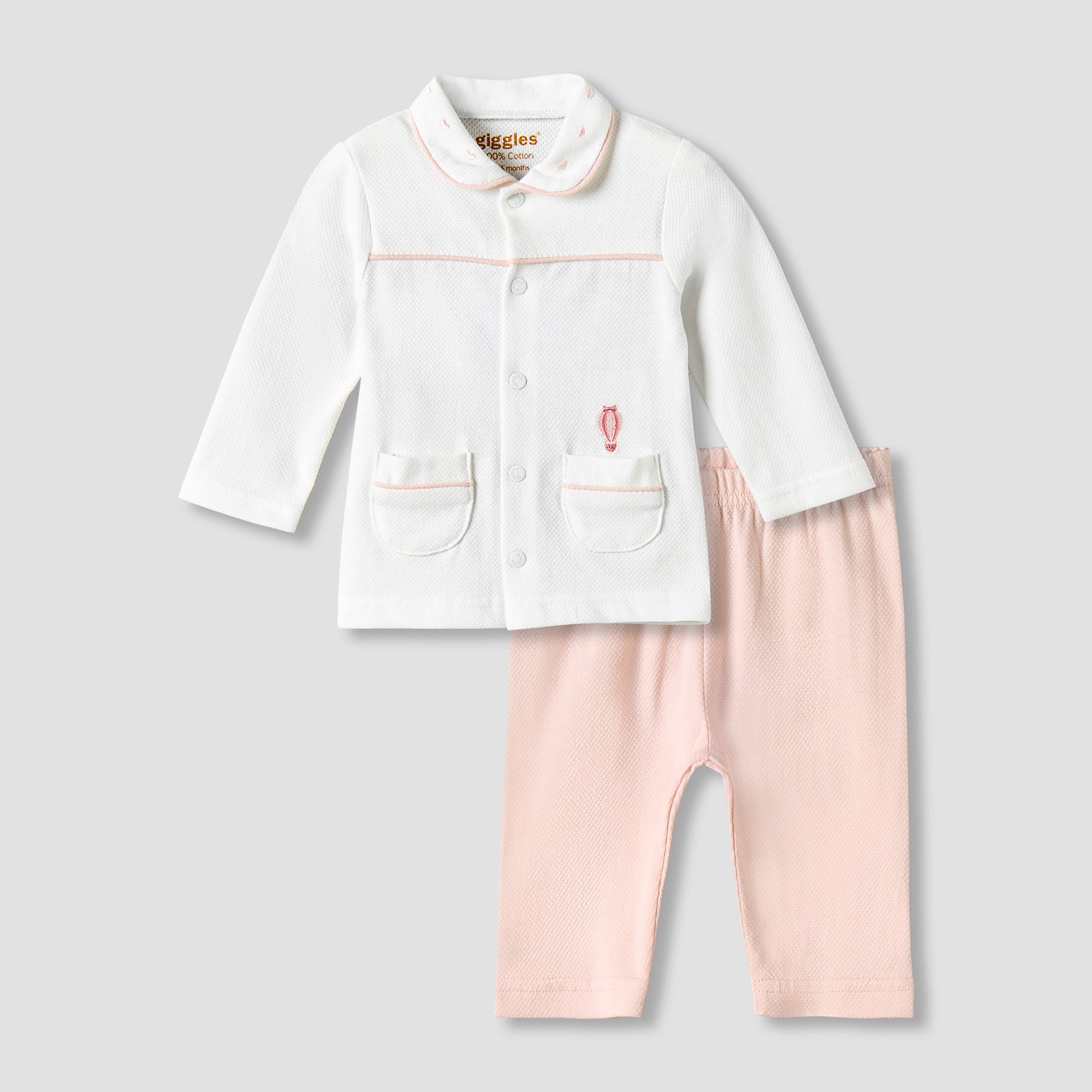 Giggles Cotton Peter Pan Collar Long Sleeves Pyjama Set with Hot Air Balloon Embroidery - Multicolour / 12-18 mths