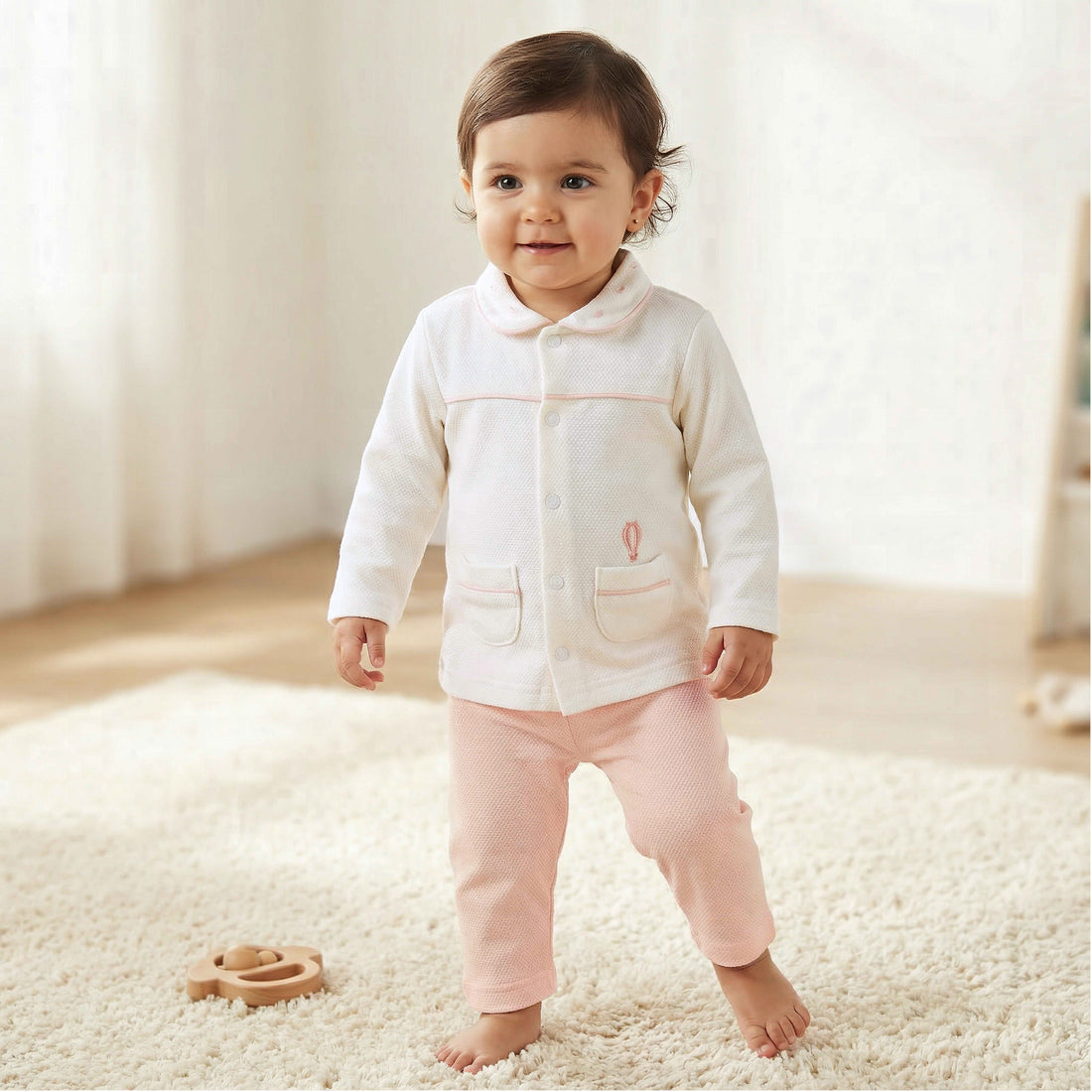 Giggles Cotton Peter Pan Collar Long Sleeves Pyjama Set with Hot Air Balloon Embroidery - Multicolour / 12-18 mths