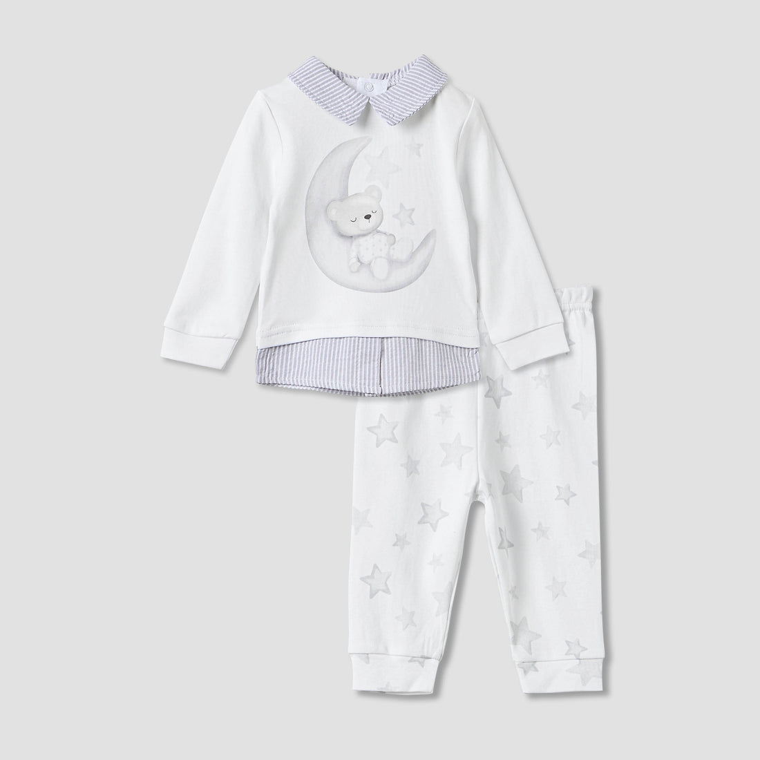 Giggles Printed Collared T-shirt and Pyjama Set - Grey / 12-18 mths