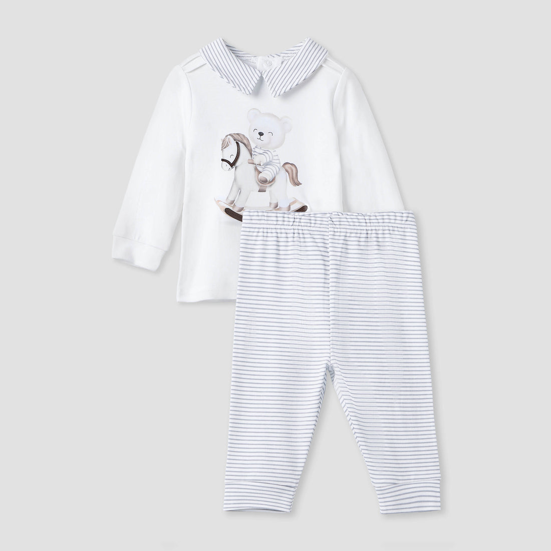 Giggles Printed Collared T-shirt and Pyjama Set - White / 18-24 mths