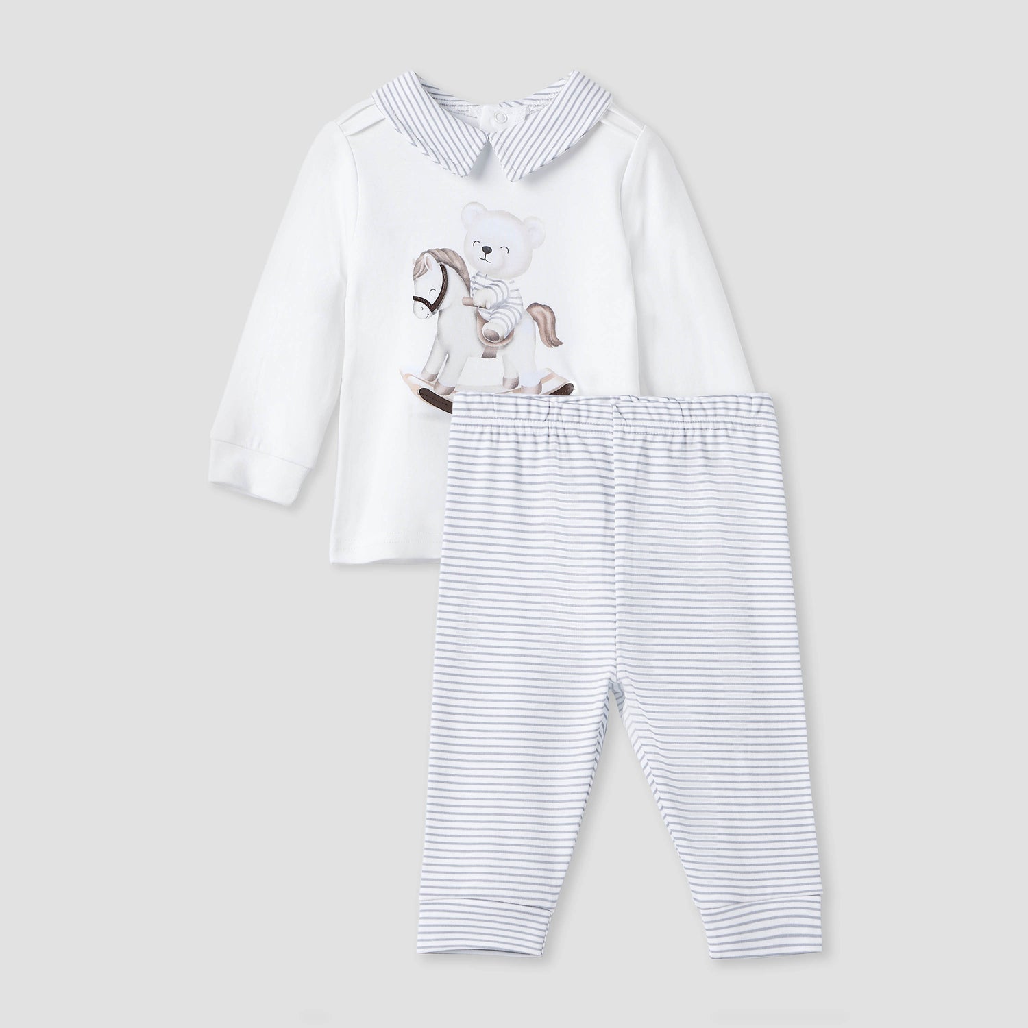 Giggles Printed Collared T-shirt and Pyjama Set - White / 18-24 mths