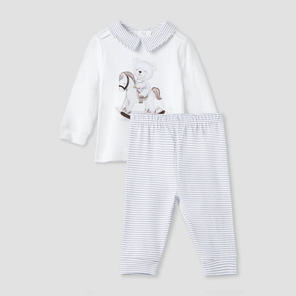 Giggles Printed Collared T-shirt and Pyjama Set - White / 18-24 mths