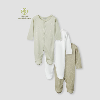 Juniors Printed Closed Feet Sleepsuit with Long Sleeves - Set of 3 - Beige / 12-18 mths