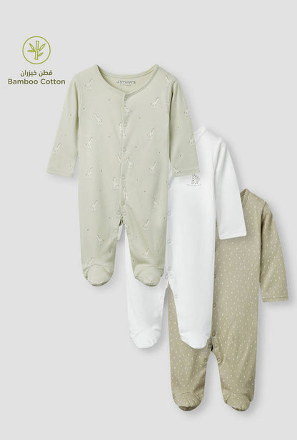Juniors Printed Closed Feet Sleepsuit with Long Sleeves - Set of 3