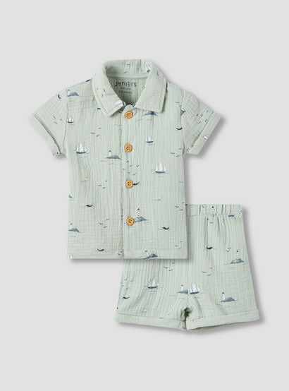 Juniors Boys Shirt and Shorts Set with Fun Print - Muslin Cotton - Short Sleeves - Collar-promo_babyshop_Buy3for99_UAE130126-image-1
