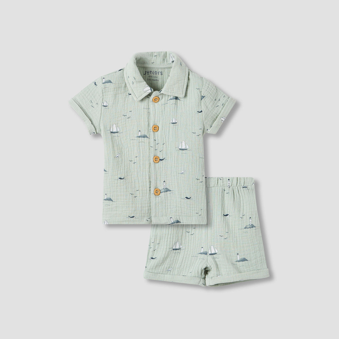 Juniors Boys Shirt and Shorts Set with Fun Print - Muslin Cotton - Short Sleeves - Collar - Green / 12-18 mths