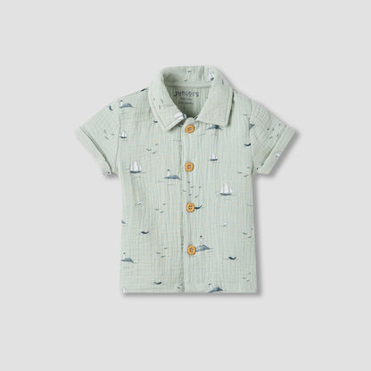 Juniors Boys Shirt and Shorts Set with Fun Print - Muslin Cotton - Short Sleeves - Collar