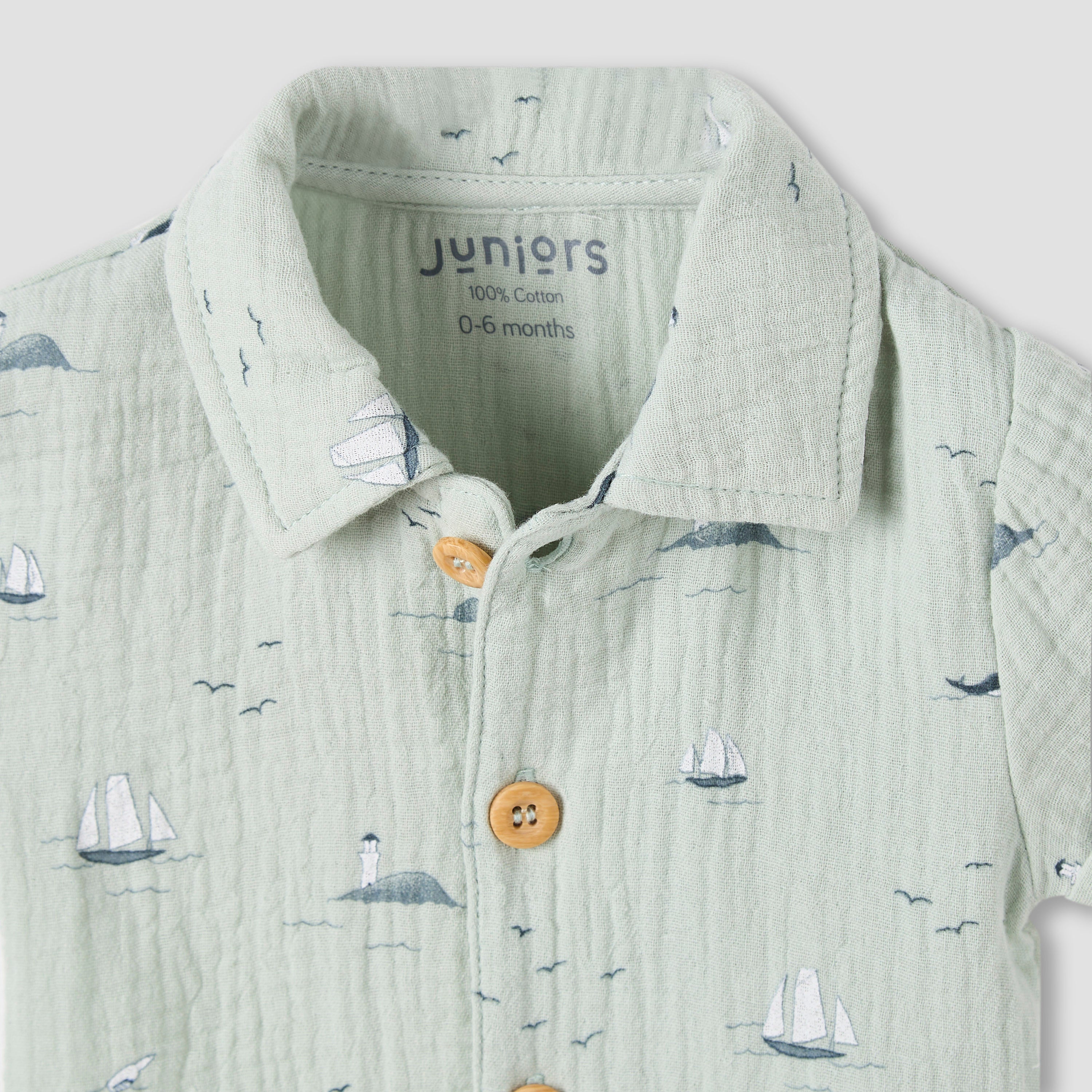Juniors Boys Shirt and Shorts Set with Fun Print - Muslin Cotton - Short Sleeves - Collar