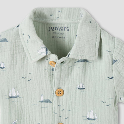 Juniors Boys Shirt and Shorts Set with Fun Print - Muslin Cotton - Short Sleeves - Collar