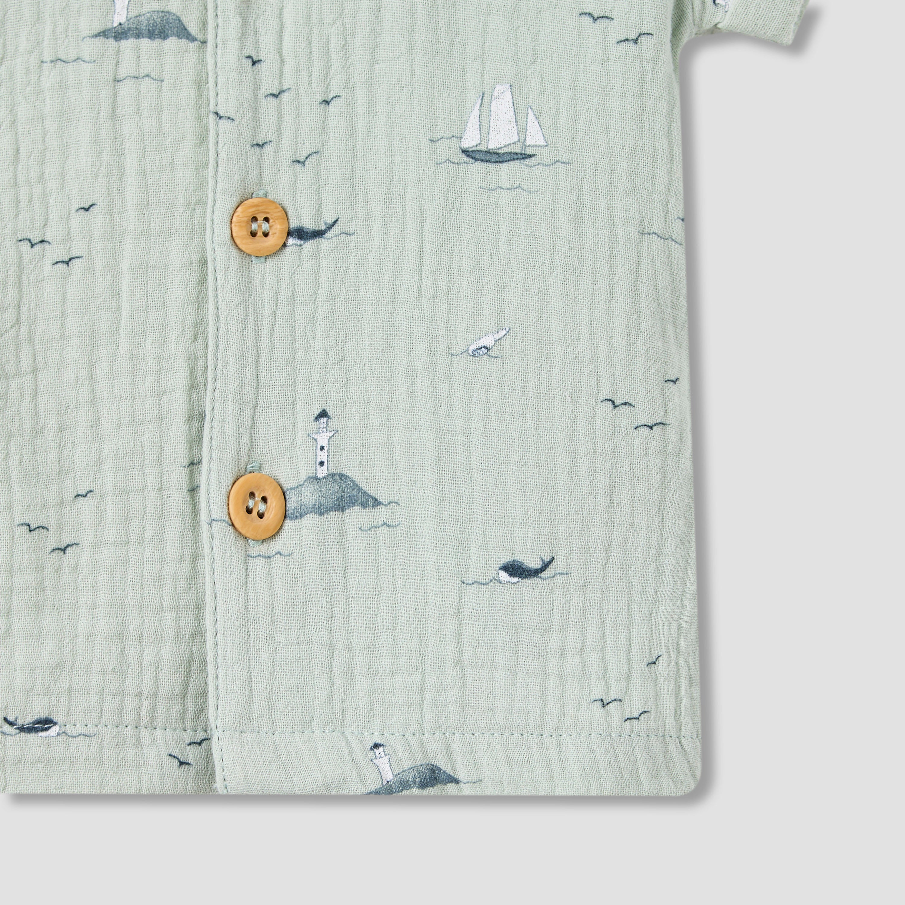 Juniors Boys Shirt and Shorts Set with Fun Print - Muslin Cotton - Short Sleeves - Collar