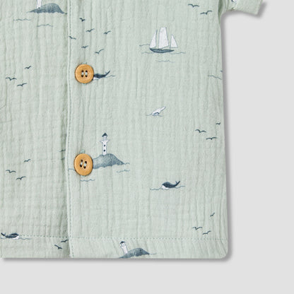 Juniors Boys Shirt and Shorts Set with Fun Print - Muslin Cotton - Short Sleeves - Collar