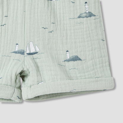 Juniors Boys Shirt and Shorts Set with Fun Print - Muslin Cotton - Short Sleeves - Collar
