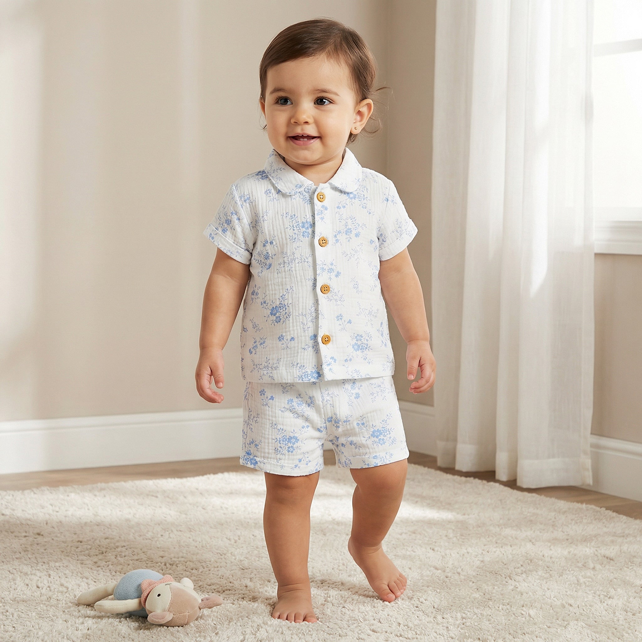 Juniors Girls Shirt and Shorts Set with Floral Print - Cotton - Short Sleeves - Collar