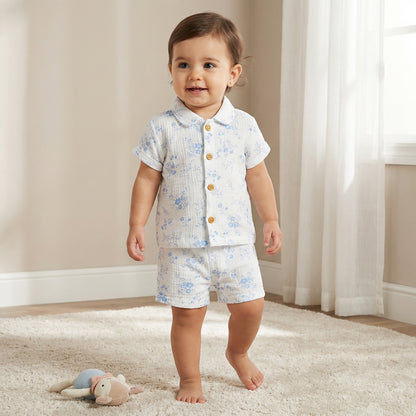 Juniors Girls Shirt and Shorts Set with Floral Print - Cotton - Short Sleeves - Collar