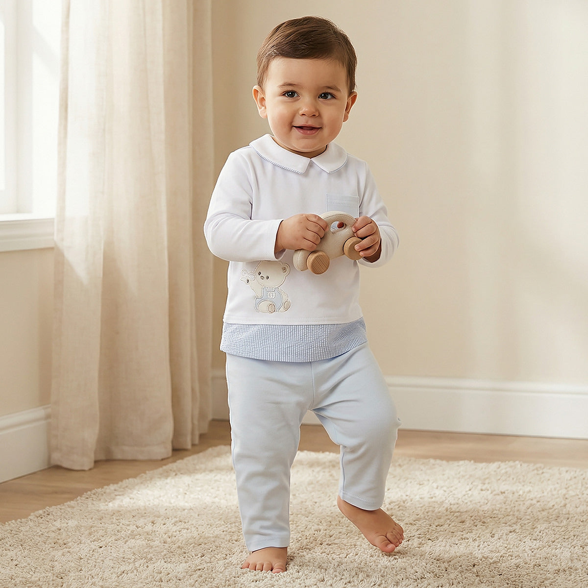 Giggles Bear Applique Long Sleeves T-shirt and Pyjama Set - Blue / 18-24 mths