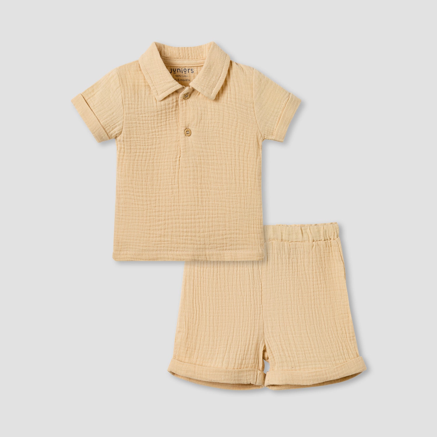 Juniors Cotton Collared Short Sleeves Shorts Set with Textured Design - Yellow / 12-18 mths