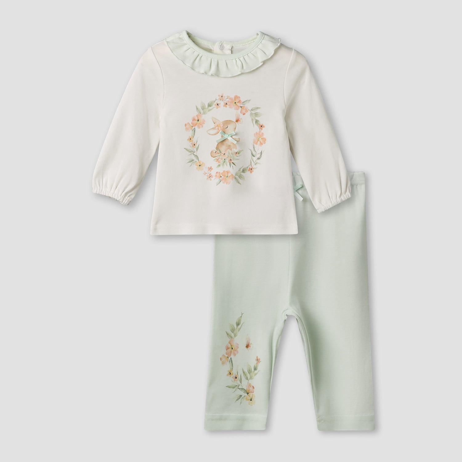 Giggles Cotton Round Neck Long Sleeves Pyjama Set with Rabbit Print