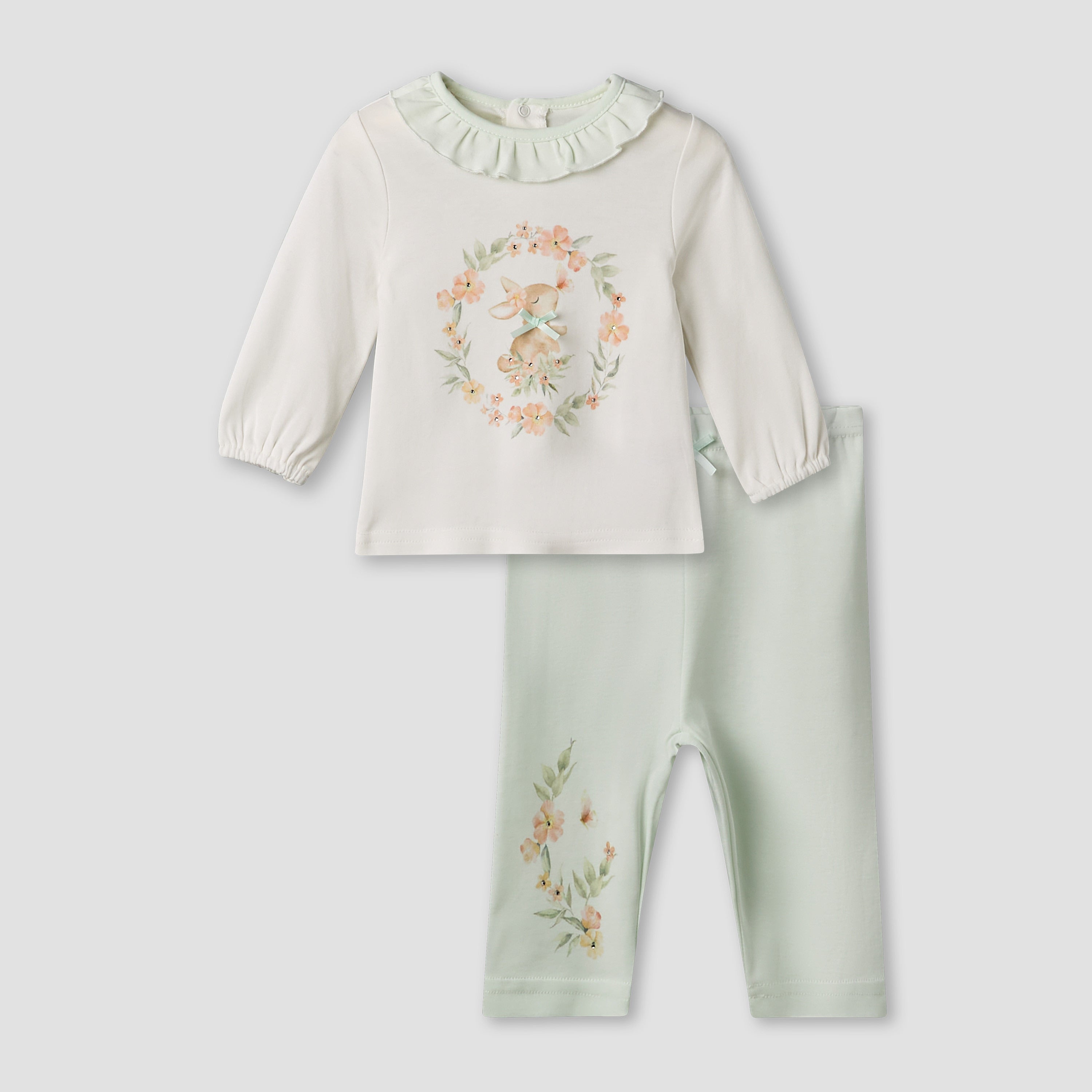Giggles Cotton Round Neck Long Sleeves Pyjama Set with Rabbit Print - Green / 12-18 mths
