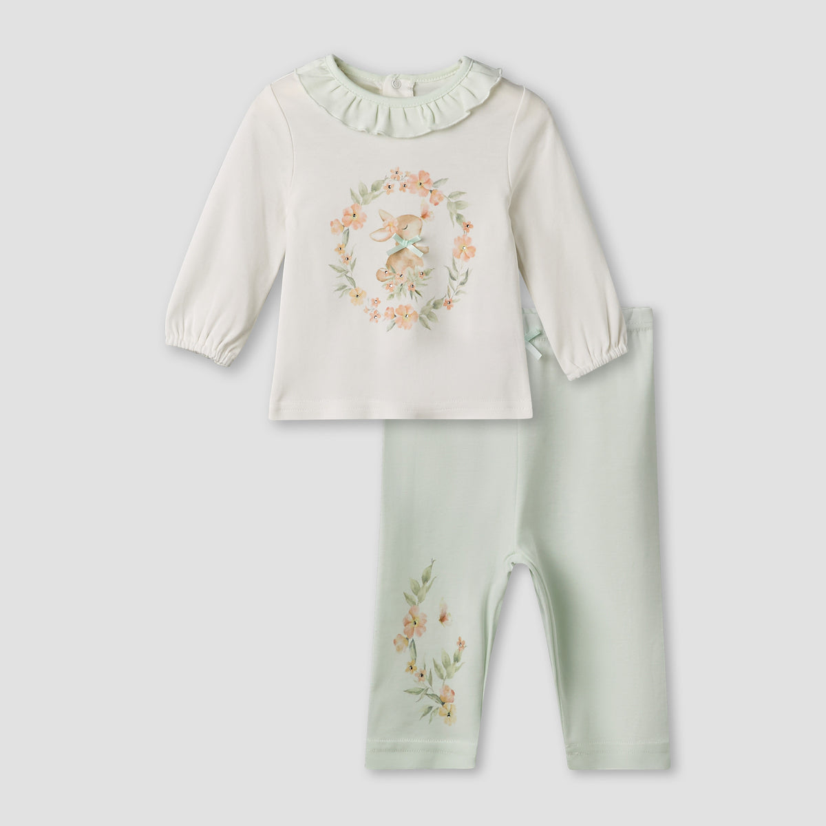 Giggles Cotton Round Neck Long Sleeves Pyjama Set with Rabbit Print