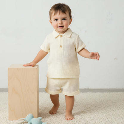 Juniors Cotton Collared Short Sleeves Shorts Set with Textured Design