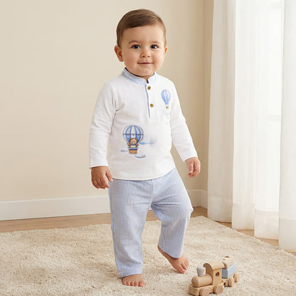 Giggles Cotton Mandarin Collar Long Sleeve Pyjama Set with Print - Blue / 12-18 mths