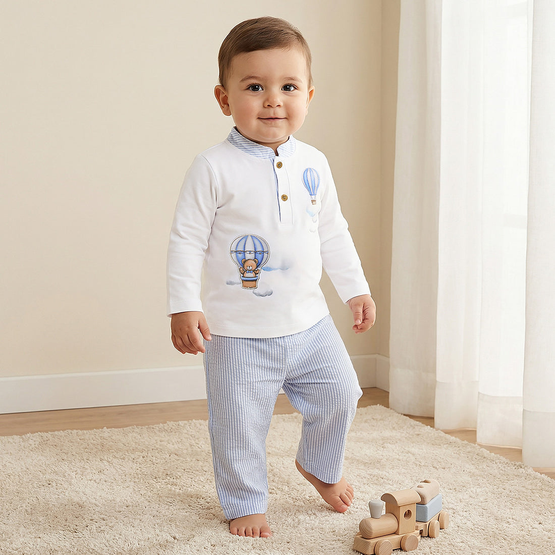 Giggles Cotton Mandarin Collar Long Sleeve Pyjama Set with Print