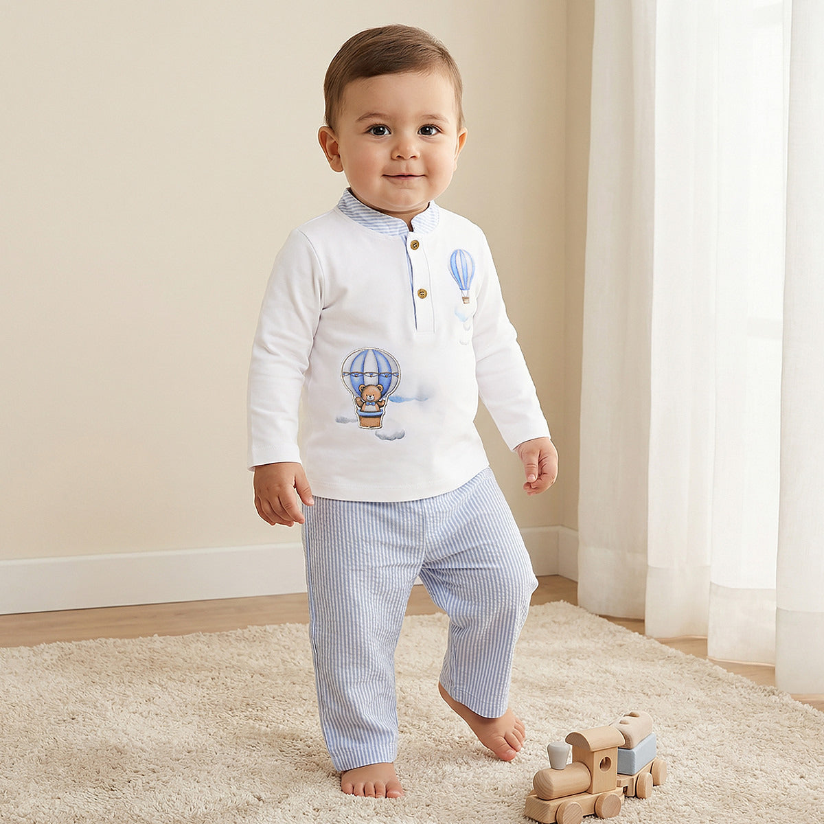 Giggles Cotton Mandarin Collar Long Sleeve Pyjama Set with Print