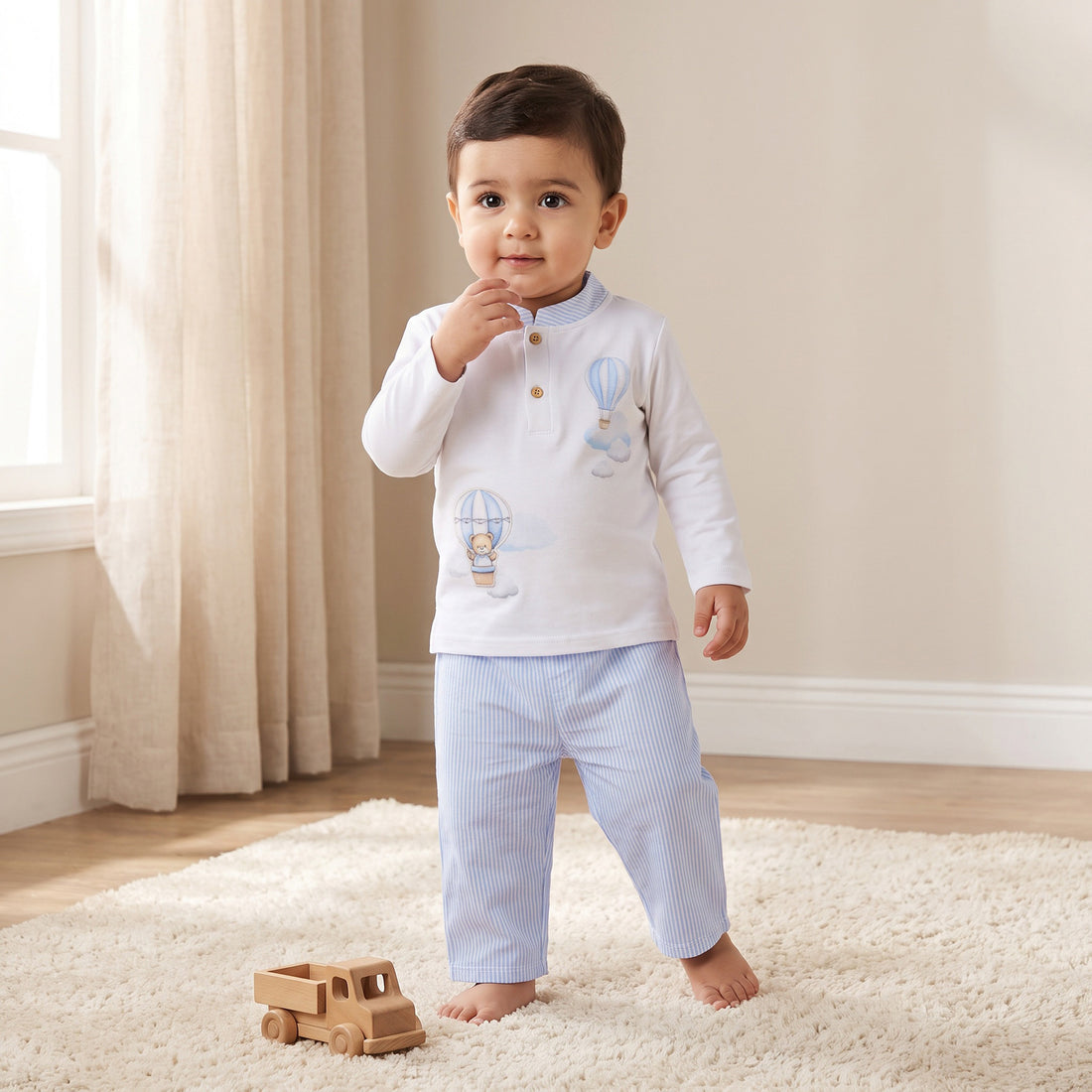 Giggles Cotton Mandarin Collar Long Sleeve Pyjama Set with Print