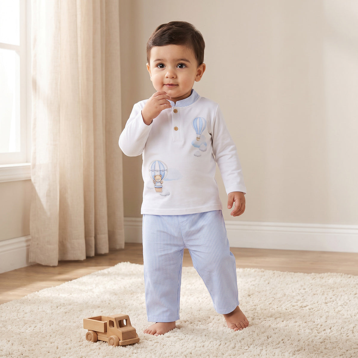 Giggles Cotton Mandarin Collar Long Sleeve Pyjama Set with Print